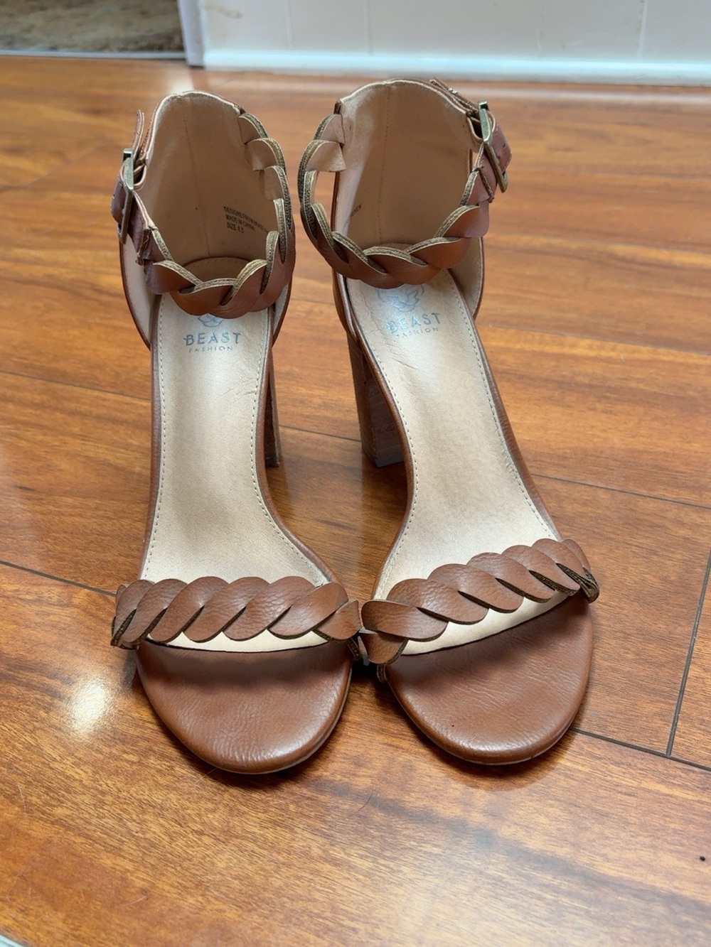 Brown Braided Ankle-Strap Block Heel Sandals